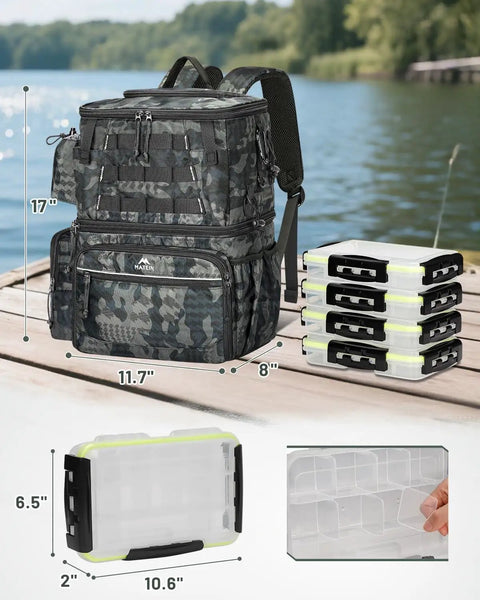 Fishing Backpack With 4 Tackle Boxes, Rod Holder, Insulated Cooler Compartment, Water Resistant Gear Bag For Anglers, Safety Compass, Easy Access 3600
