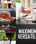 Titan Single Propane Burner With 50,000 BTU Power Beefy Stainless Steel Pro Grade Frame Retro Burner Head for various cooking uses.