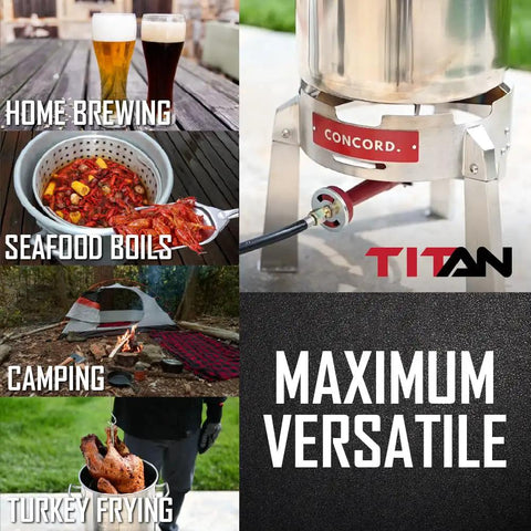 Titan Single Propane Burner With 50,000 BTU Power Beefy Stainless Steel Pro Grade Frame Retro Burner Head for various cooking uses.