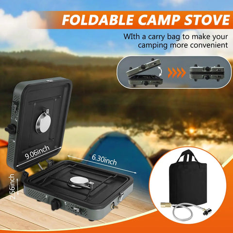 Foldable two-burner propane camp stove with grill and carrying bag, featuring 17000 BTU adjustable burners for outdoor cooking.