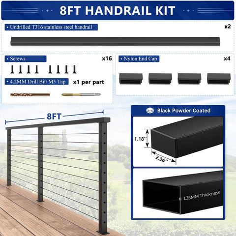 Tough As Nails 8 Foot Marine Grade Stainless Steel Black Handrail For Cable Railing Systems kit with accessories on outdoor deck.