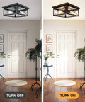 Industrial Two Light Retro Flush Mount Ceiling Light Fixture in entryway, black cage, showing off and on light settings.