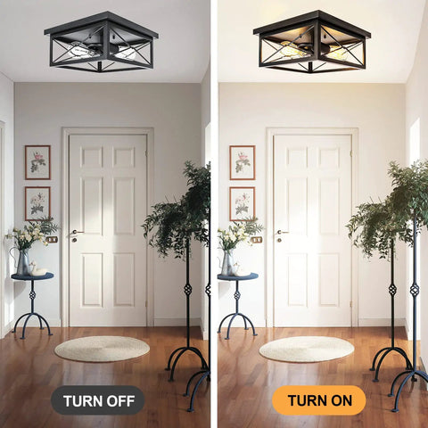 Industrial Two Light Retro Flush Mount Ceiling Light Fixture in entryway, black cage, showing off and on light settings.