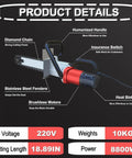 Professional Grade 7800W Electric Concrete Grooving Saw With Diamond Chain Tracking And Built In Dust Control, featuring brushless motor and stainless steel fenders.