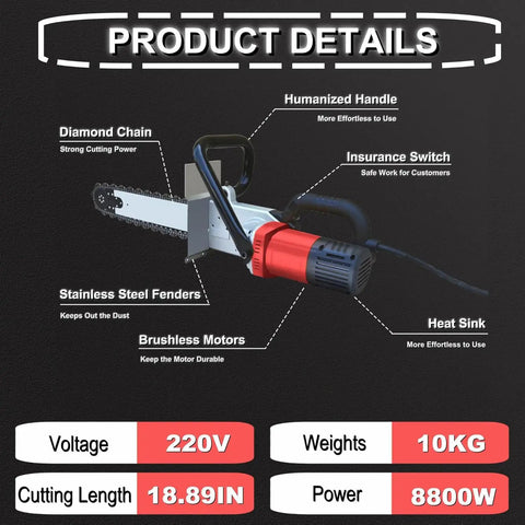 Professional Grade 7800W Electric Concrete Grooving Saw With Diamond Chain Tracking And Built In Dust Control, featuring brushless motor and stainless steel fenders.