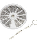 Screw Nut Assortment Kit With 600 Pieces Stainless Steel Mini Screws And Nuts, organized in a round case with screwdriver tool.
