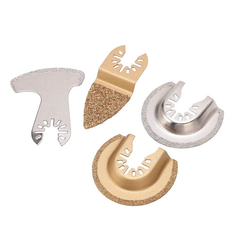 Four Piece Oscillating Saw Blades For Tile Concrete And Grout With Carbide Construction arranged in a group, showing diverse blade shapes