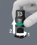 Person demonstrating smooth twist unlock on Belt C Impaktor 1 Socket Set, 1/2 Inch Drive, 9 Pieces, color-coded by size.