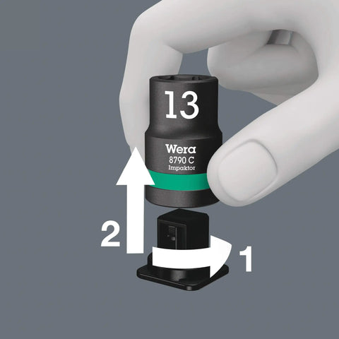 Person demonstrating smooth twist unlock on Belt C Impaktor 1 Socket Set, 1/2 Inch Drive, 9 Pieces, color-coded by size.