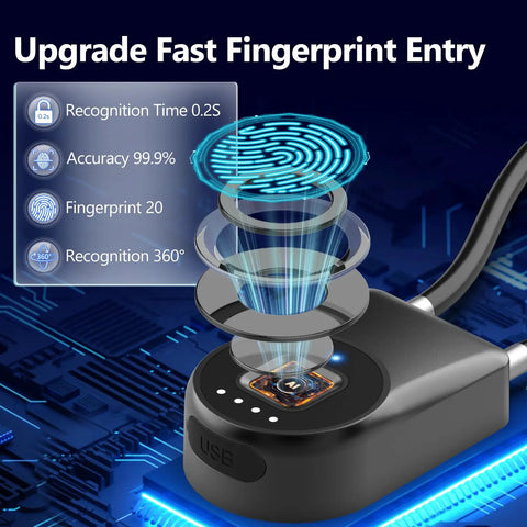 Super Slick Fingerprint Cable Lock For Fridge And Cabinets With Bluetooth App Control showing fingerprint recognition feature.