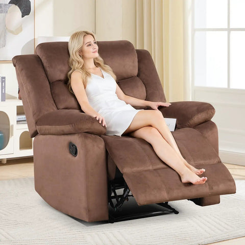 Manual Recliner Chair for Adults With Overstuffed Arms and Back Upholstered Fabric Sofa in brown, woman reclining in living room