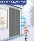 Gray magnetic thermal door curtain insulated front door cover fits 32x80 inch doors blocking drafts in snowy scene