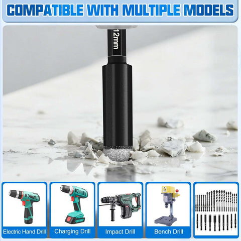 Diamond drill bit set, black carbide-tipped bit shown in a close-up drilling into marble surface