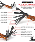 Orange Anodized TechTool Drum Key And Drum Set Multi Tool For Drummers with Forged S2 Alloy Tools displayed on white background