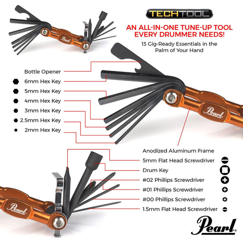Orange Anodized TechTool Drum Key And Drum Set Multi Tool For Drummers with Forged S2 Alloy Tools displayed on white background