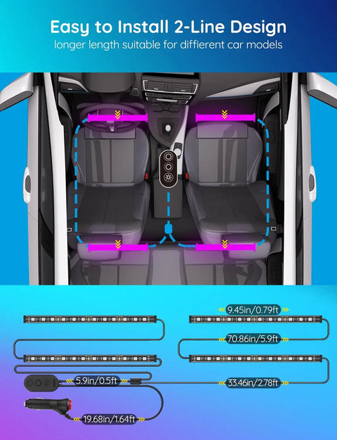 Diagram of Interior Car LED Lights Kit With App Control, RGB Mood Lighting For Cars, showing installation of two-line LED strips.