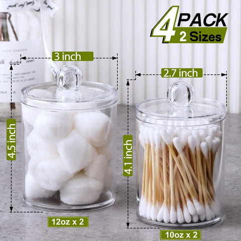 Super Practical Four Pack Clear Acrylic Qtip Holder Dispensers With Lids For Organizing Cotton Swabs Balls Pads And Floss Picks Comes With Labels In Two Sizes Twelve Ounce And Ten Ounce