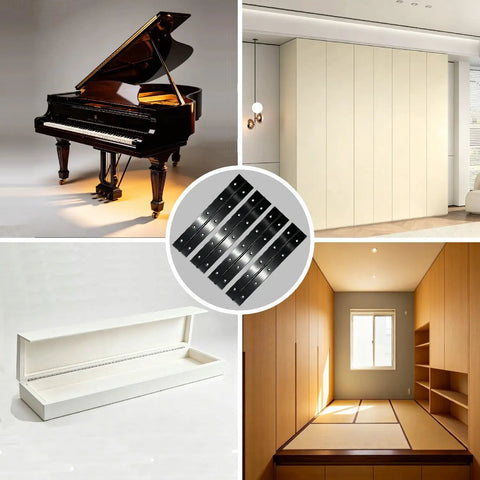 Matte Black 304 Stainless Steel Heavy Duty Continuous Piano Hinges 0.04 Inch Thick 10 Inch 4 Pack displayed with piano and cabinets