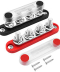 Heavy Duty 150A Bus Bar Power Distribution Block With Cover, 12V Marine And Gearhead Approved Battery Terminal, black and red design.