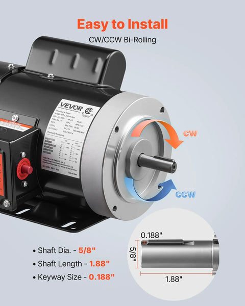0.5 HP 1725 RPM Air Compressor Motor Single Phase 115V 230V 56 Frame with 5/8 Inch Shaft showing CW CCW rotation features.