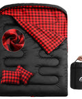 Two Person Double Sleeping Bag With Two Pillows, Split Into Two Individual Bags Or One Queen Blanket, shown in black and red