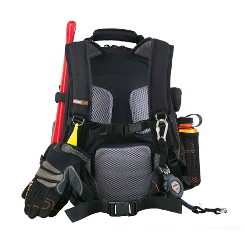 Rear view of Arsenal 5843 Tool Backpack With Dual Compartments For Pros, Heavy Duty 1200D Ballistic Polyester showing padded straps and pockets.