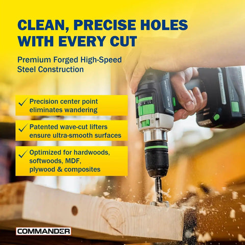 Rock Solid Forstner Drill Bit Heavy Duty Woodworking Boring Tool in action drilling clean holes in wood with precision.