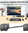 HDMI KVM Switch Connect One Monitor To Four Computers With Crisp 4K 60Hz Video And USB 3.0 Hub Sharing Clean Desk Setup supporting keyboard and mouse.