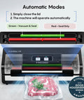 High Power Auto Vacuum Sealer with 95KPa vacuum, sleek silver and black design, sealing bag with meat, automatic modes displayed.