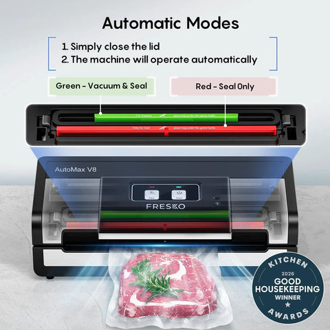 High Power Auto Vacuum Sealer with 95KPa vacuum, sleek silver and black design, sealing bag with meat, automatic modes displayed.