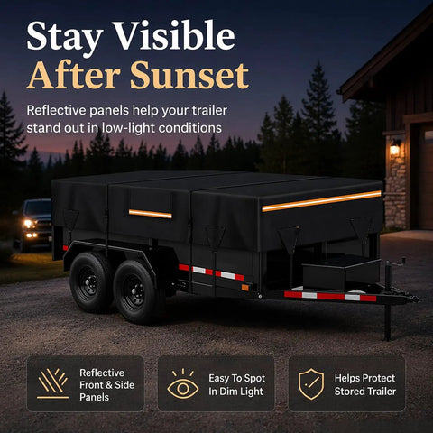Heavy Duty Trailer Cover For Equipment And Flatbed Trailers 420D Oxford Water Resistant Tarp With Reflective Strips at dusk