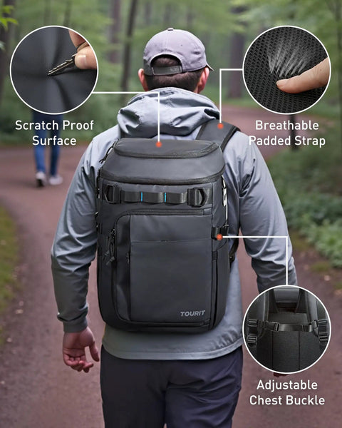 Person wearing Forest Green Backpack Cooler With Dual Insulated Compartments Keeps 38 Cans Cold All Day, Leak Proof And Waterproof Soft Cooler Bag for Beach Trips, Travel, Camping And Picnics, featuring padded straps and scratch proof surface.