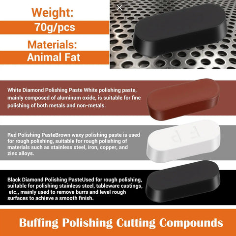 Black, red, and white polishing pastes for 18 Piece 4 Inch Buffering Wheels Polishing Kit For Angle Grinder With Sanding Discs Wool Felt And Nylon Polishing Wheels And Polishing Paste For A Pro Shine.