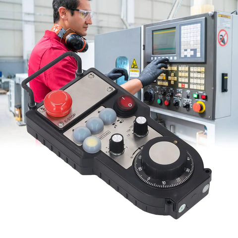 Wireless CNC Handwheel Controller Kit With 7 Axes MPG And Emergency Stop in front of CNC machine