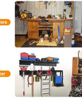 Beefy Heavy Duty Garage Storage System With Wall Mount Overhead Shelving 48 Inch By 7 Inch Steel Shelves And 6 Pack 12 Inch Double Hooks Supports Up To 1200 Lbs Total, showcasing space-saving before-and-after installation.