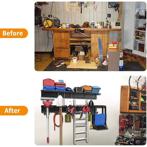 Beefy Heavy Duty Garage Storage System With Wall Mount Overhead Shelving 48 Inch By 7 Inch Steel Shelves And 6 Pack 12 Inch Double Hooks Supports Up To 1200 Lbs Total, showcasing space-saving before-and-after installation.