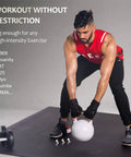 Man exercising with kettlebell on Extra Wide Exercise Mat For Home Gym Flooring Non Slip Durable Cardio Mat