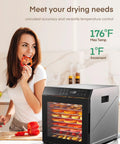 Pro Level Electric Food Dehydrator With Ten Roomy Stainless Trays For Big Batch Jerky And Crispy Fruit Snaps on kitchen countertop.