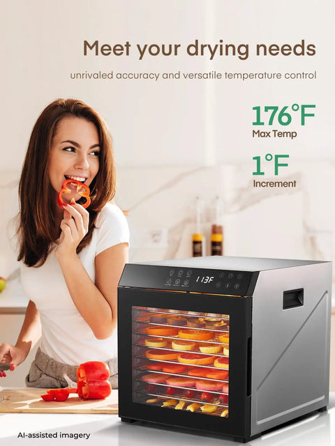 Pro Level Electric Food Dehydrator With Ten Roomy Stainless Trays For Big Batch Jerky And Crispy Fruit Snaps on kitchen countertop.