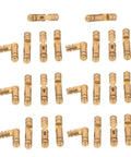 Set Of 25 Brass Barrel Hidden Hinges For Jewelry Boxes And Keepsakes, Concealed Cylindrical Design, displayed in rows on white