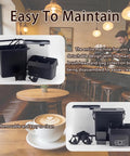 No Sweat Coffee Game Changer Electric Portafilter Cleaner With Knock Box For Home Or Cafe Includes Two 58 Millimeter Scrapers Plus White Cleaning Brush Head and detachable components displayed.