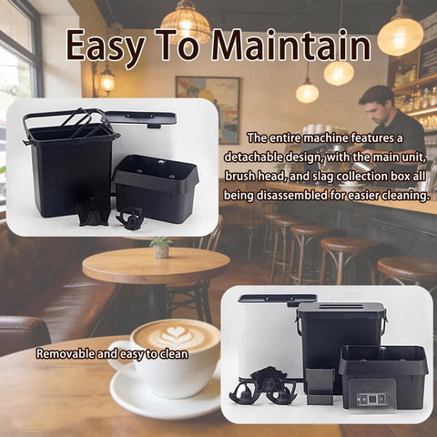 No Sweat Coffee Game Changer Electric Portafilter Cleaner With Knock Box For Home Or Cafe Includes Two 58 Millimeter Scrapers Plus White Cleaning Brush Head and detachable components displayed.