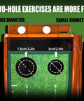 Indoor Outdoor Golf Putting Mat With Auto Ball Return System showing large and small hole sizes on wood base