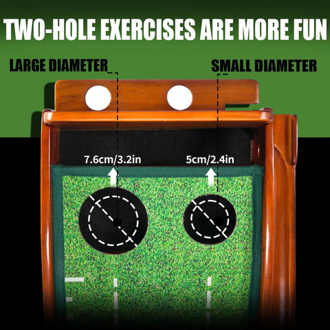 Indoor Outdoor Golf Putting Mat With Auto Ball Return System showing large and small hole sizes on wood base