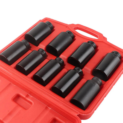 Pro 9 Piece 2 Inch Drive Axle Hub Nut Hex Socket Set That Hits The Spot With 29mm To 38mm Sizes Featuring Drilled Heads For Breaker Bars And Impact Wrenches Perfect For Serious Repair Work. 9-piece alloy steel socket set in red case