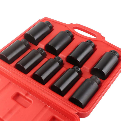 Heavy Duty 9-Piece Impact Rated Hex Socket Set For 1/2 Inch Drive Axle Hub Nuts Made From Hardened Chrome Steel Perfect For Pro Mechanic Tool Kits, red case