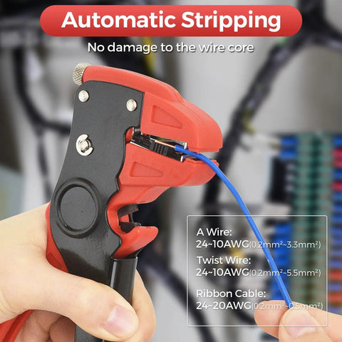 Two In One Wire Stripper And Cutter For 10-24 AWG Cables Adjustable With Auto Return Spring in action stripping wire