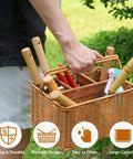 Person carrying Heavy Duty Garden Tools Set with Basket, Stainless Steel Hand Tools with Wood Handles, visible items neatly arranged