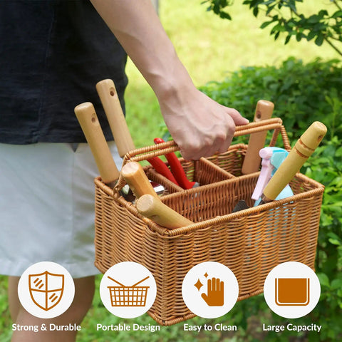 Person carrying Heavy Duty Garden Tools Set with Basket, Stainless Steel Hand Tools with Wood Handles, visible items neatly arranged