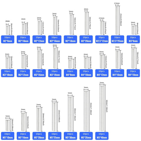 250 Pieces Stainless Steel Dowel Pins Set For DIY Shelving Cabinets Bunk Beds And Furniture Projects Featuring 10 Of Each Size From M2 To M5 Durable Rust Resistant Hardware For Pegs And Shelf Brackets with labeled sizes M2 to M5